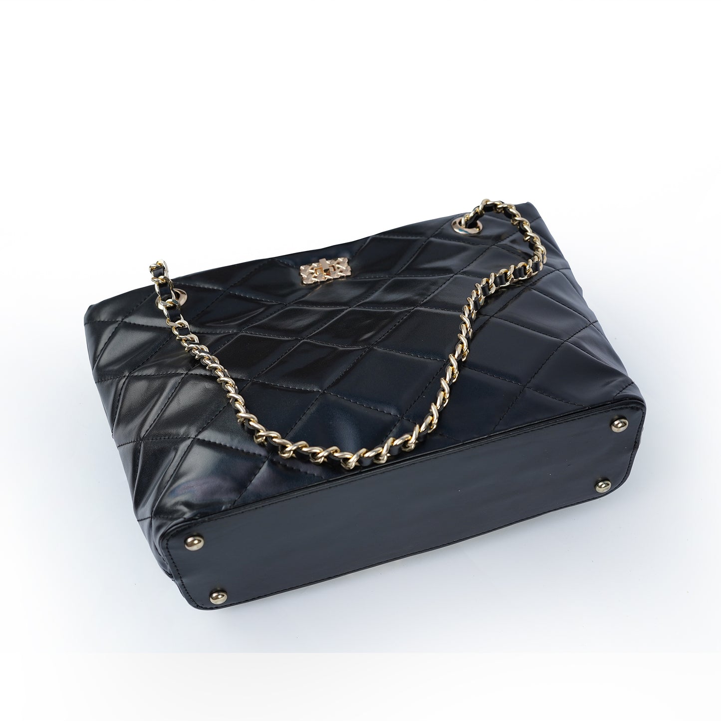 Black chain tote – base with metal feet and chain detail