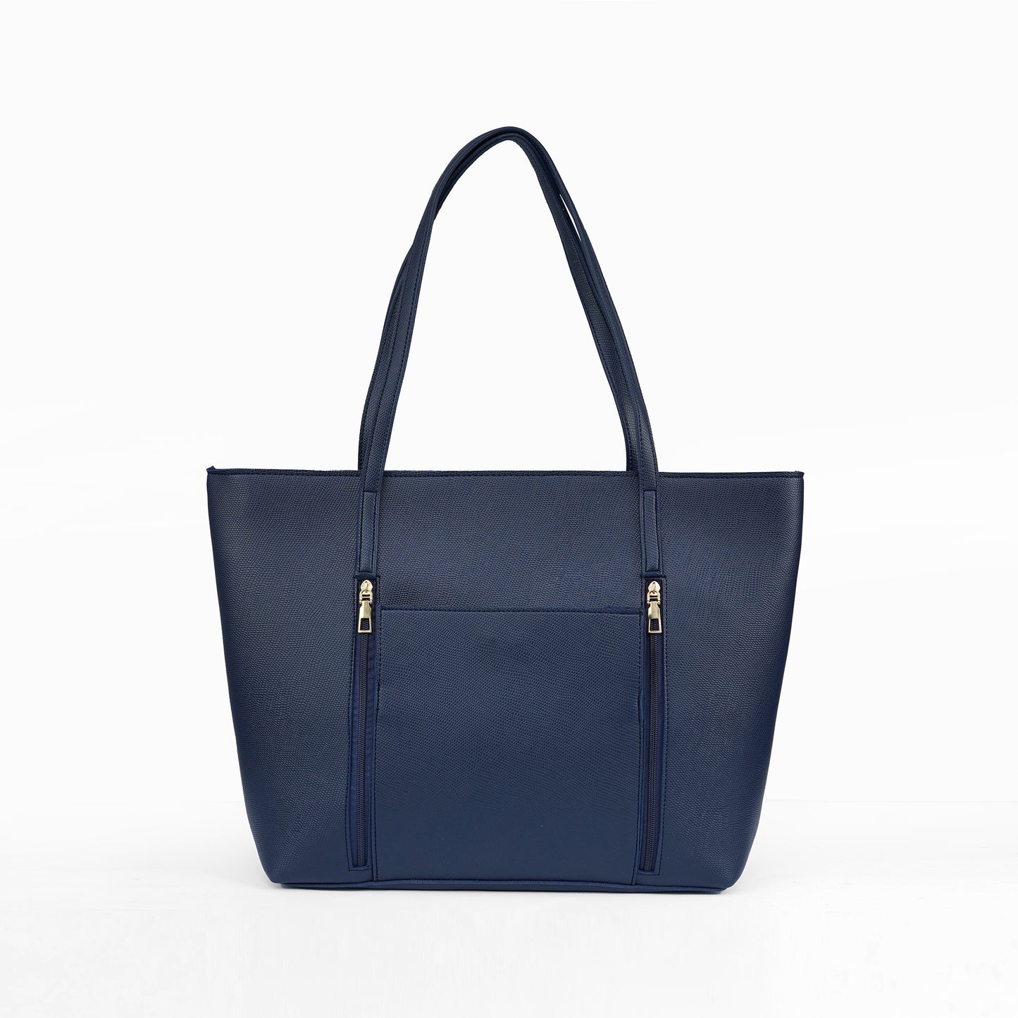 Front view of the Zara navy blue tote bag, a stylish vegan leather handbag for women in Pakistan.
