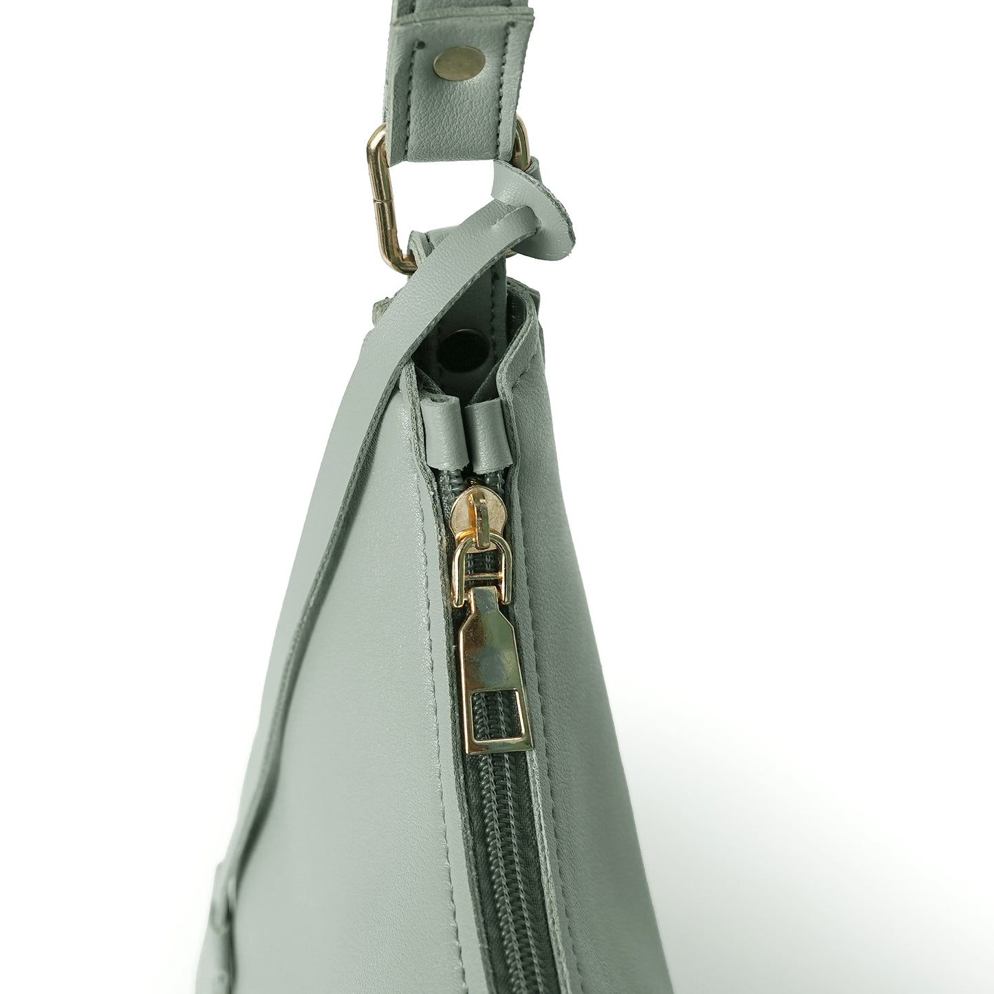 Zip detail of grey faux leather shoulder bag