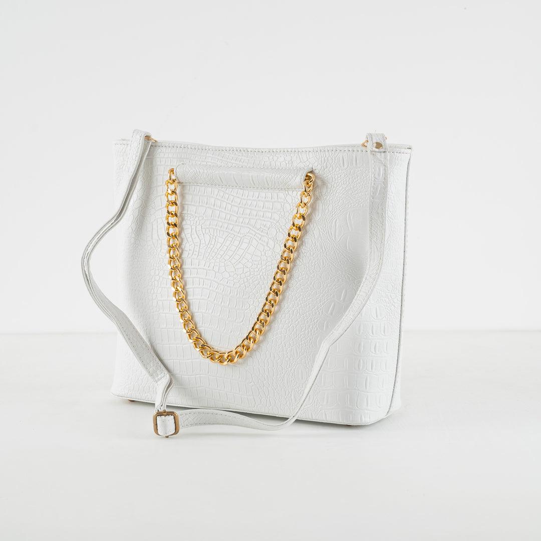 White Embossed Handbag with Gold Chain | Time less Everyday Handbag - Bags online