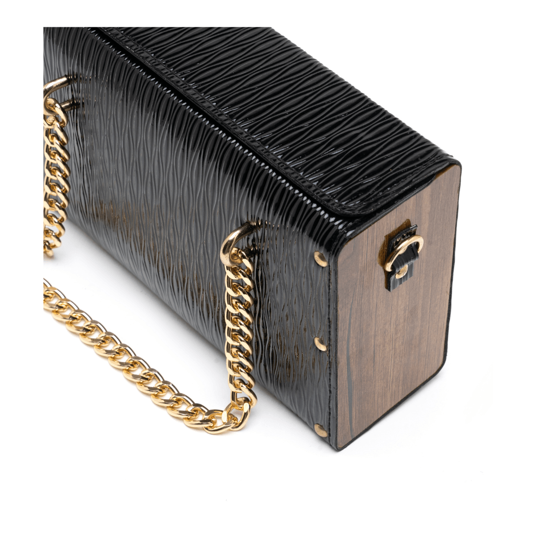 Elegant BLACK Textured Box hand Bag with Gold Chain Accent - Bags online