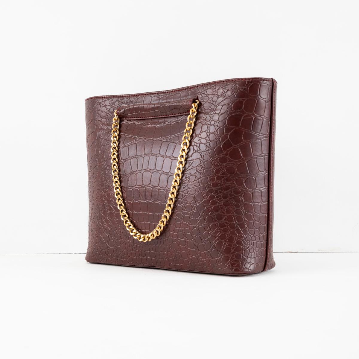 Luxurious Croc-Embossed Handbag with Gold Chain | Elegant Coffee Handbag - Bags online