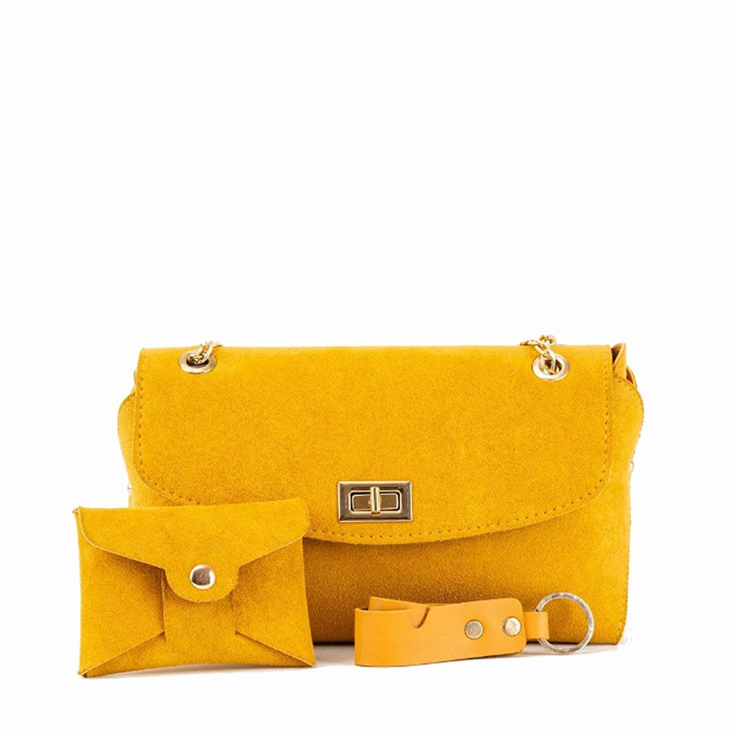 Yellow Faux Leather Designer Bag with Cardholder and Keychain - Bags online