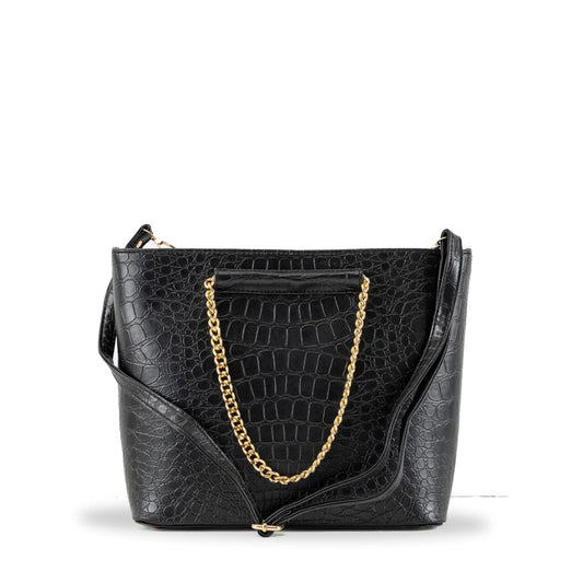 Chic Croco BLACK Embossed Handbag with Gold Chain | Perfect Everyday Handbag - Bags online