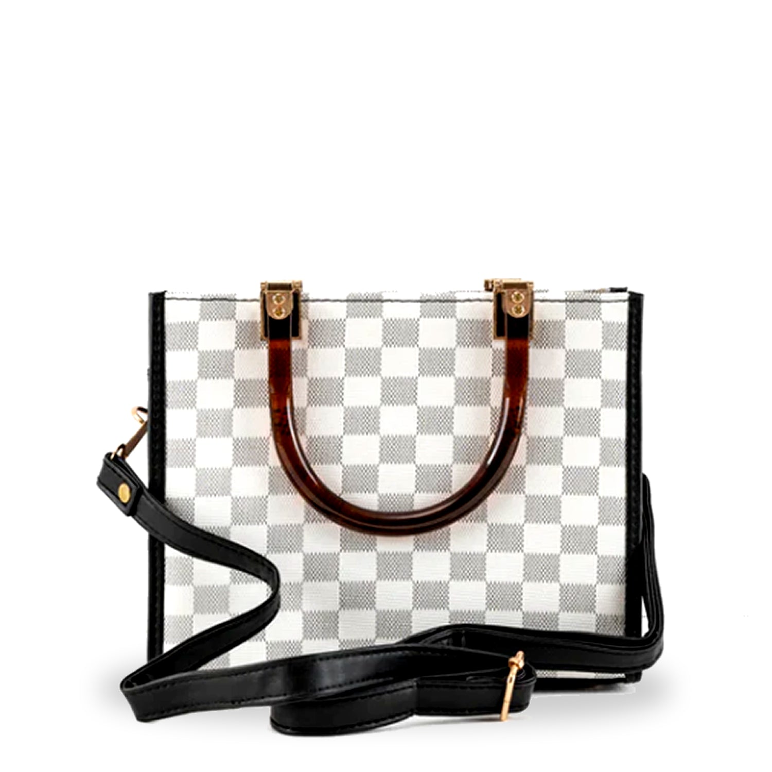 Checkered Tote Bag with Shell Handles and Detachable Strap - Bags online