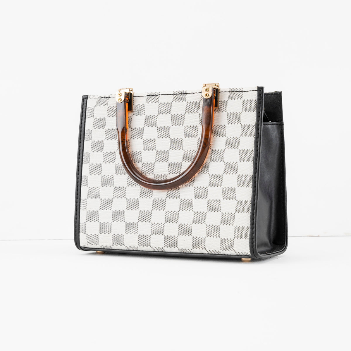 Checkered Tote Bag with Shell Handles and Detachable Strap - Bags online