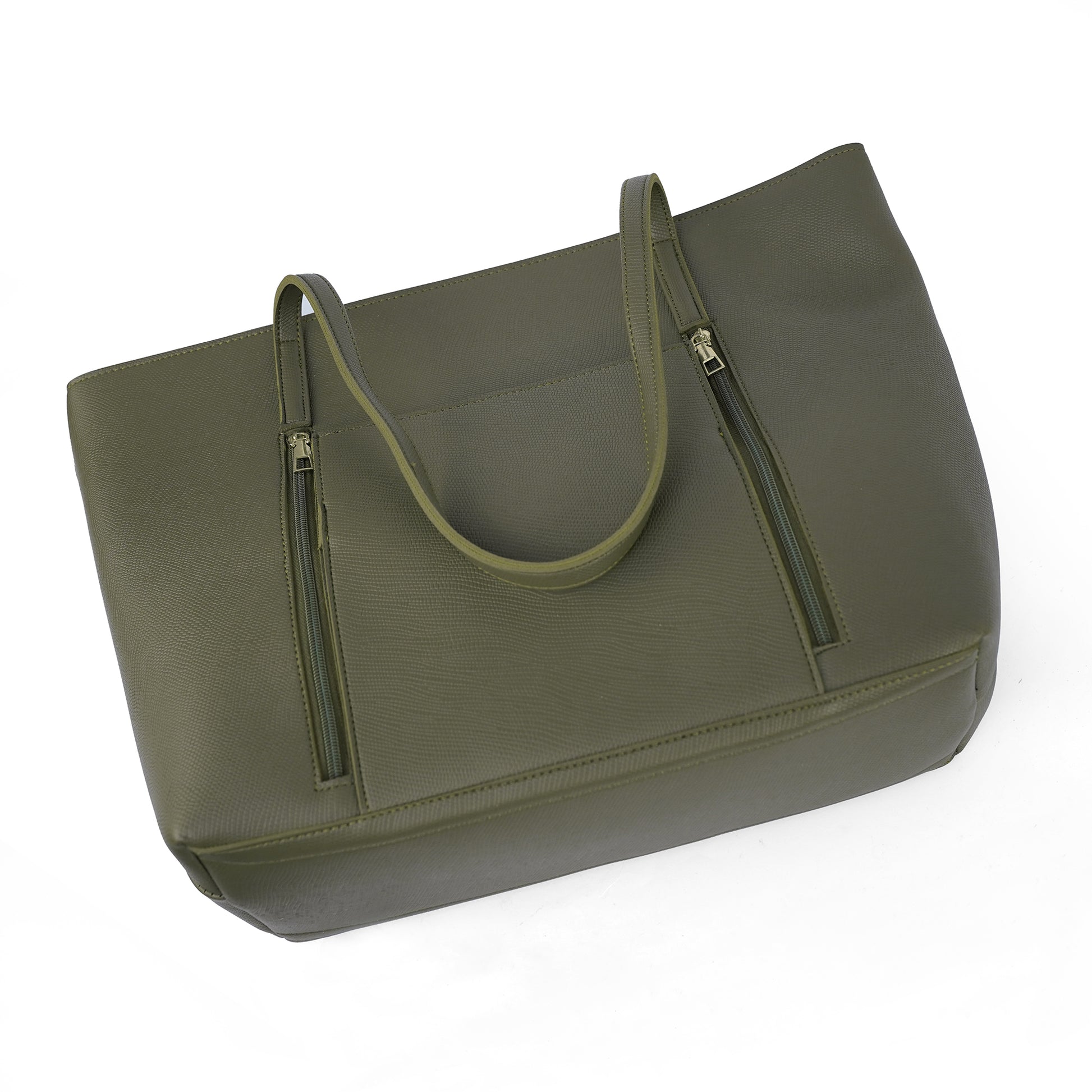 Angled top view of the Zara olive green handbag, highlighting the front pockets and stylish color