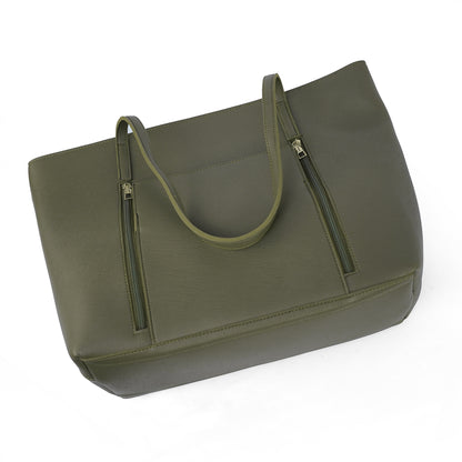 Angled top view of the Zara olive green handbag, highlighting the front pockets and stylish color