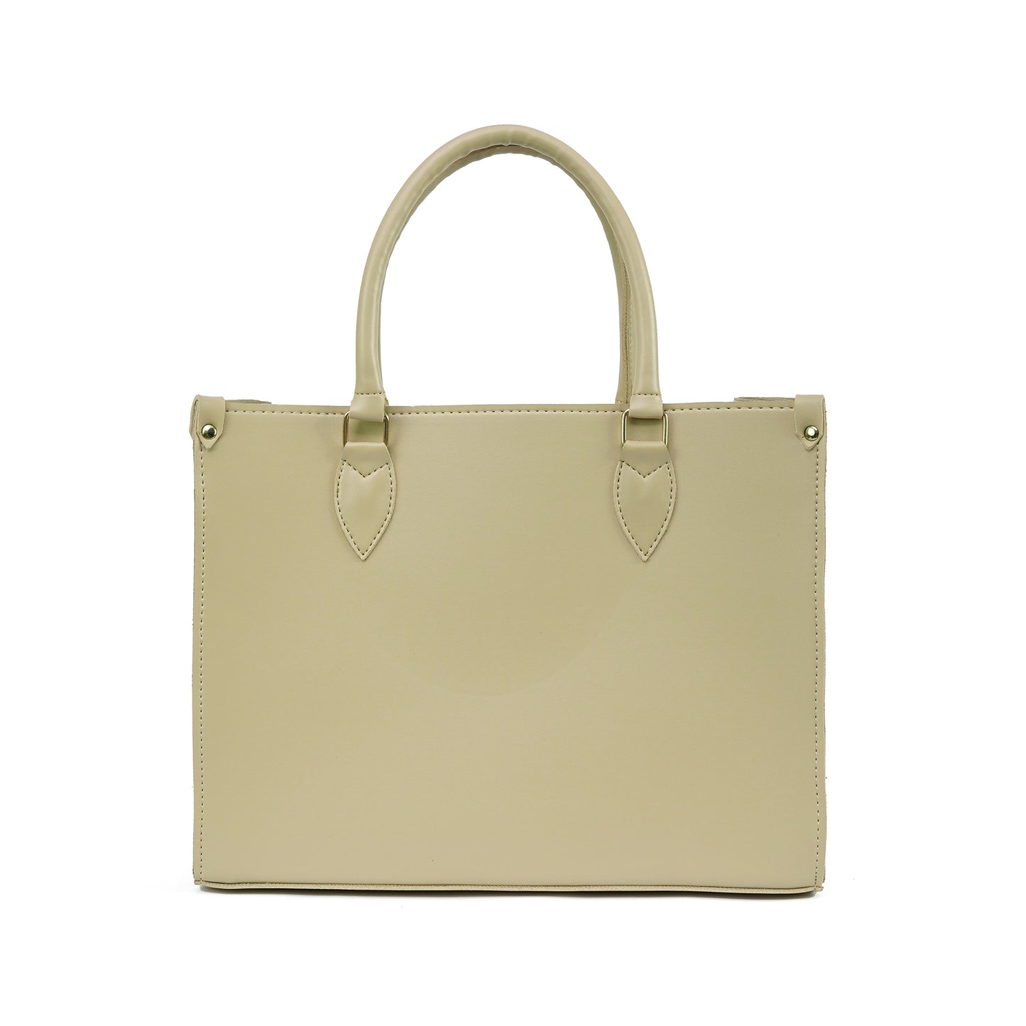 Back view Beige quilted handbag with a silver clasp on a white background