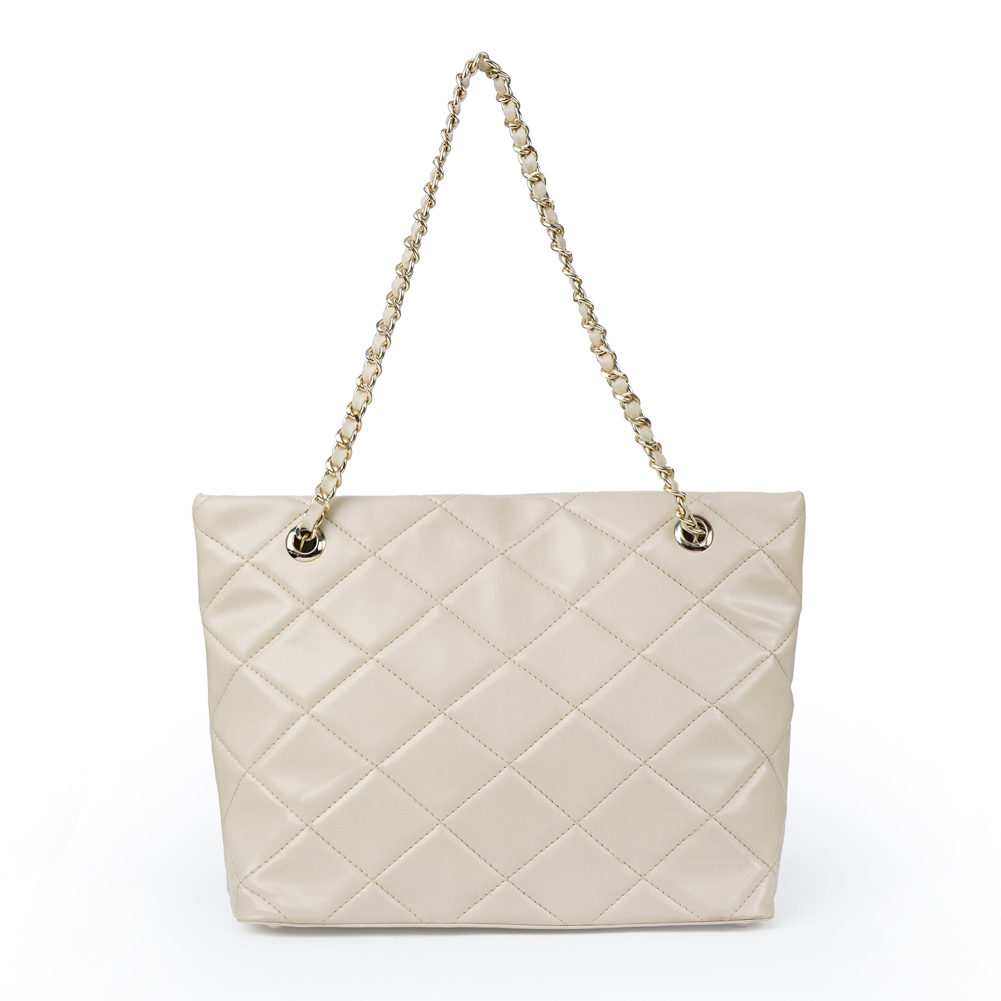 Beige ladies chain shoulder bag with stitched squares – BACK view