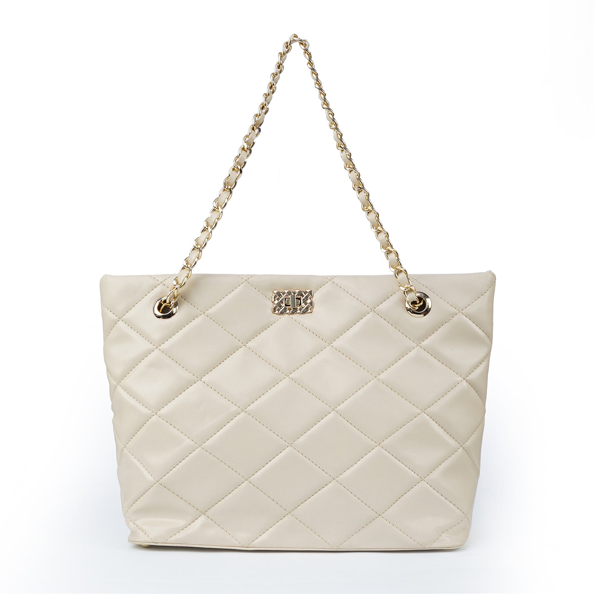 Beige ladies chain shoulder bag with stitched squares – front view