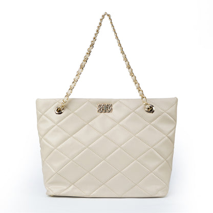 Beige ladies chain shoulder bag with stitched squares – front view