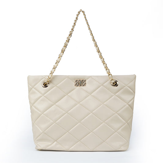 Beige ladies chain shoulder bag with stitched squares – front view