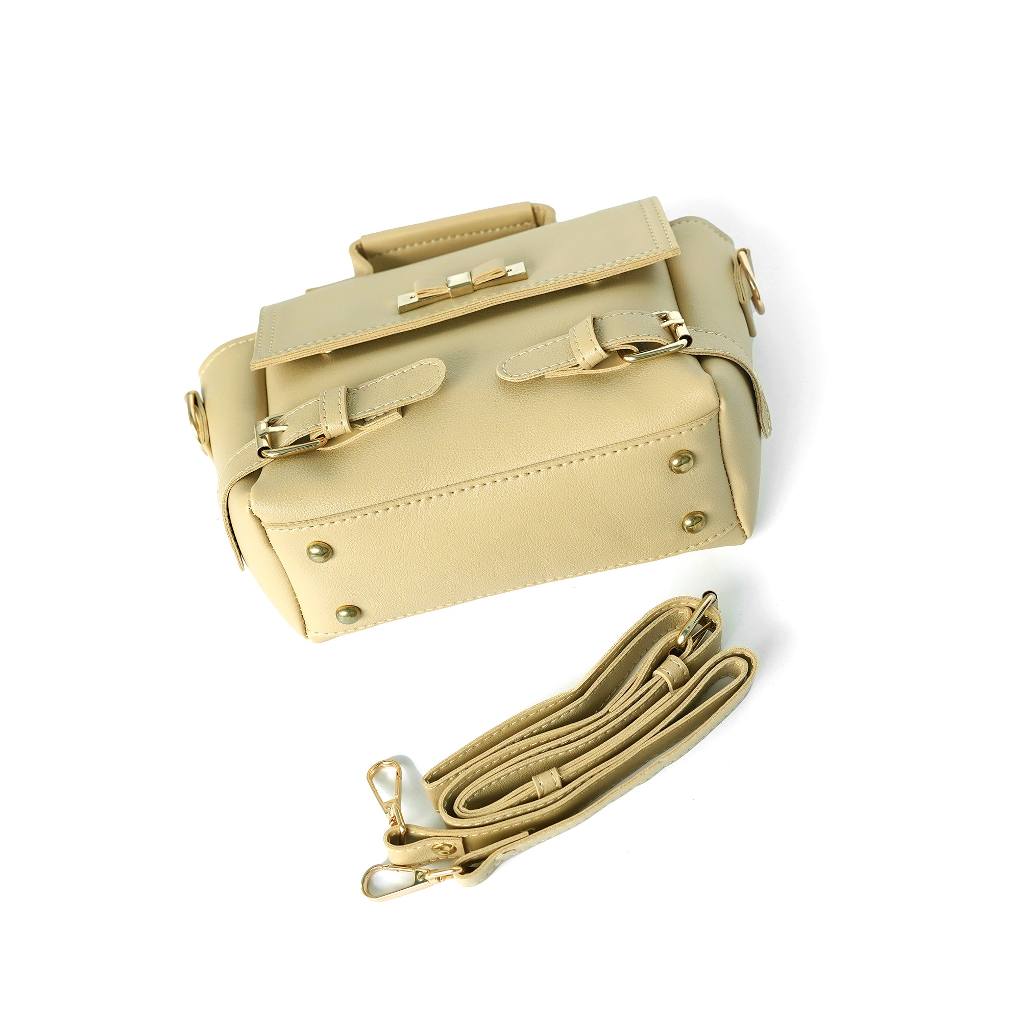 Beige ladies satchel – side/strap view showing hardware