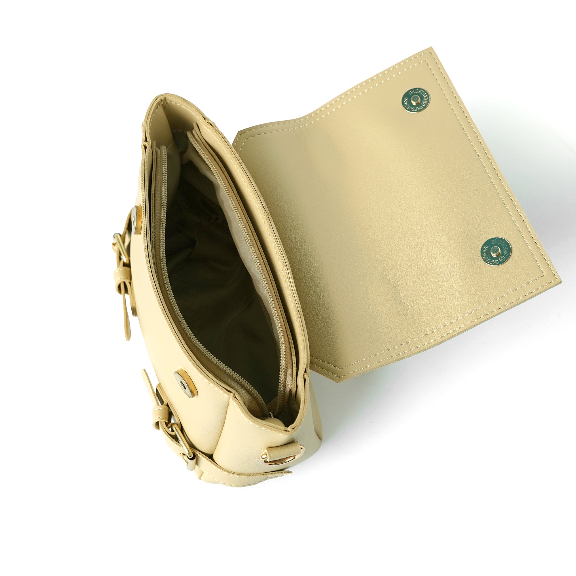 Beige satchel – open flap, interior pocket and compartments visible