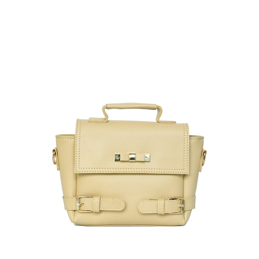 Beige women’s satchel shoulder bag – front on white background