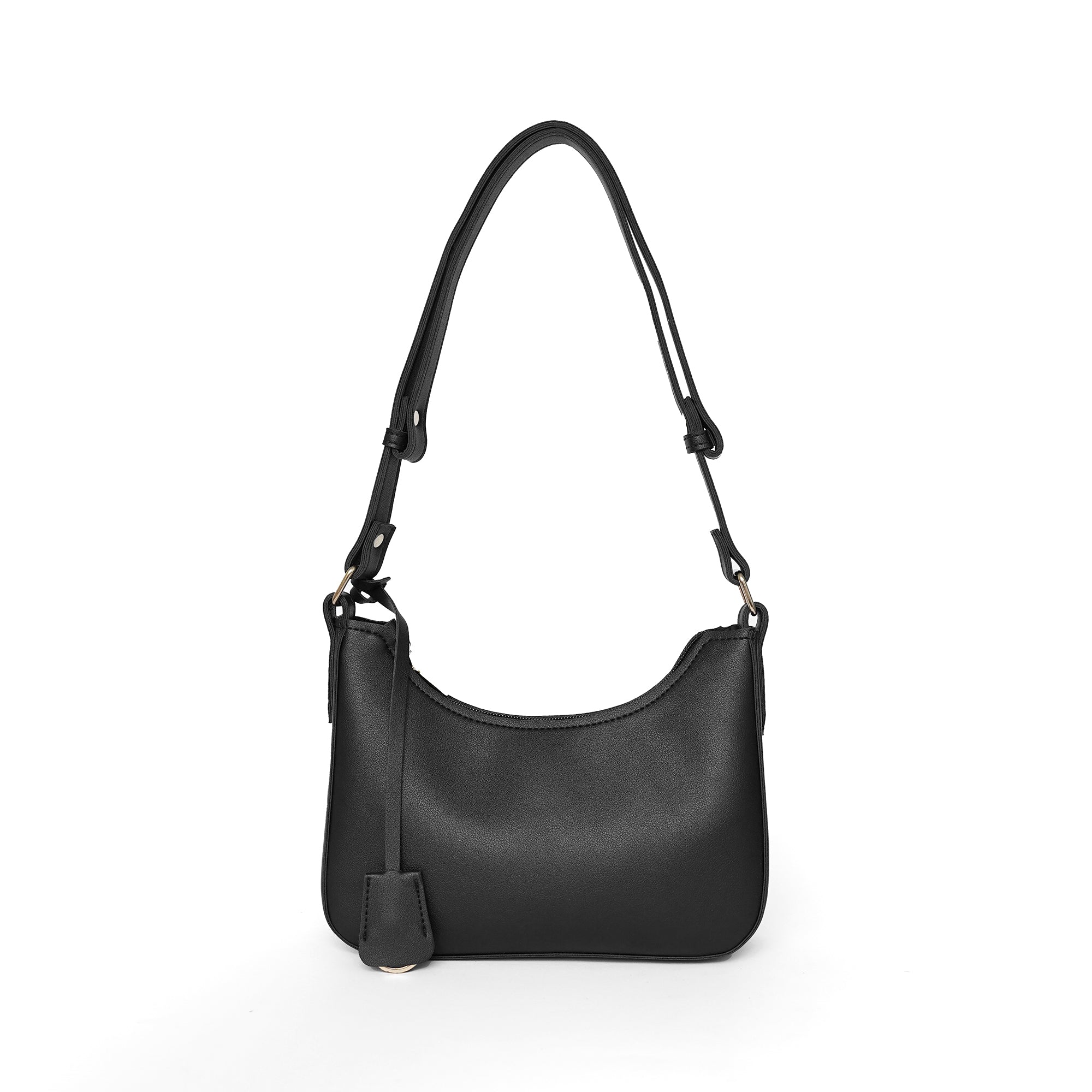 Black faux leather shoulder bag with adjustable strap