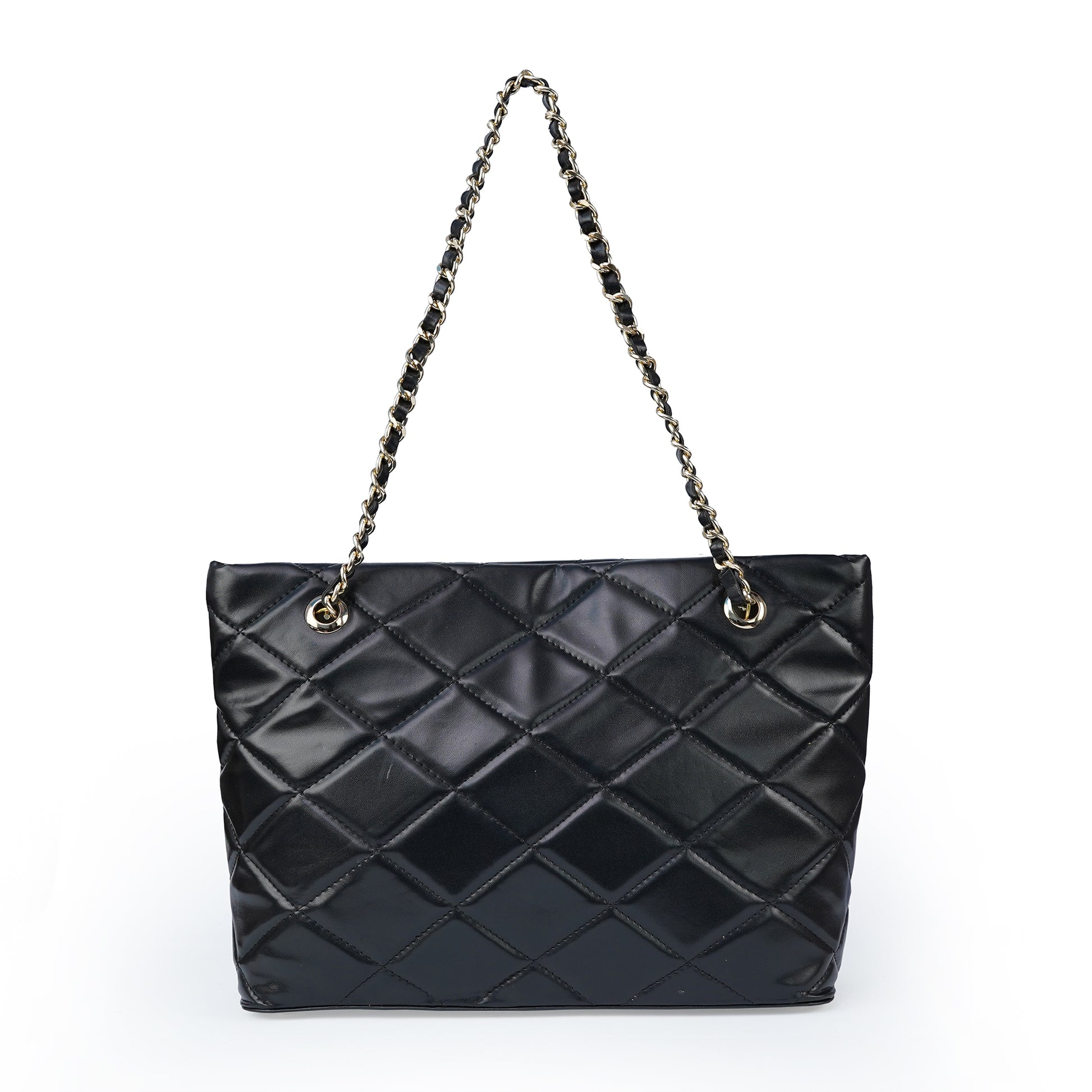 Black ladies chain shoulder bag with stitched design – BACK view