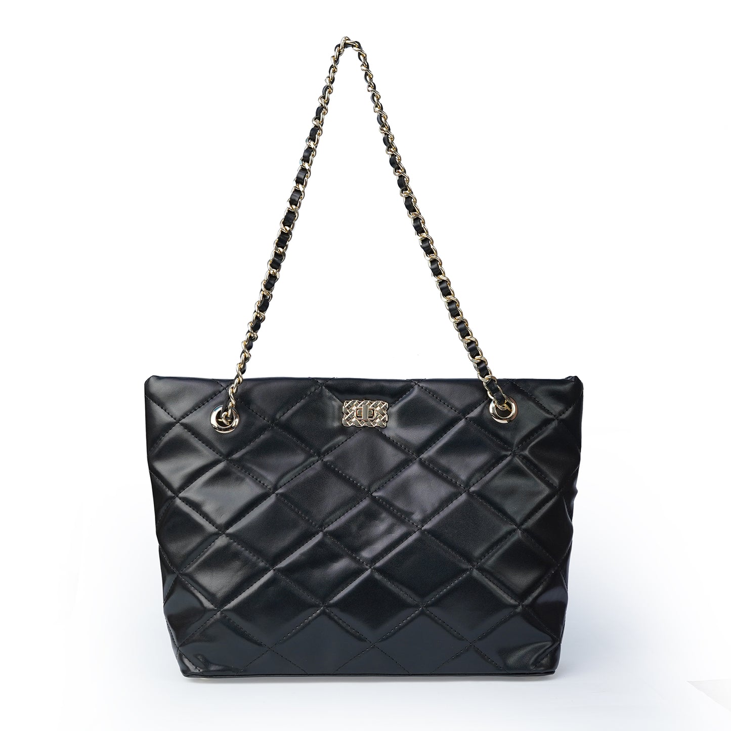 Black ladies chain shoulder bag with stitched design – front view