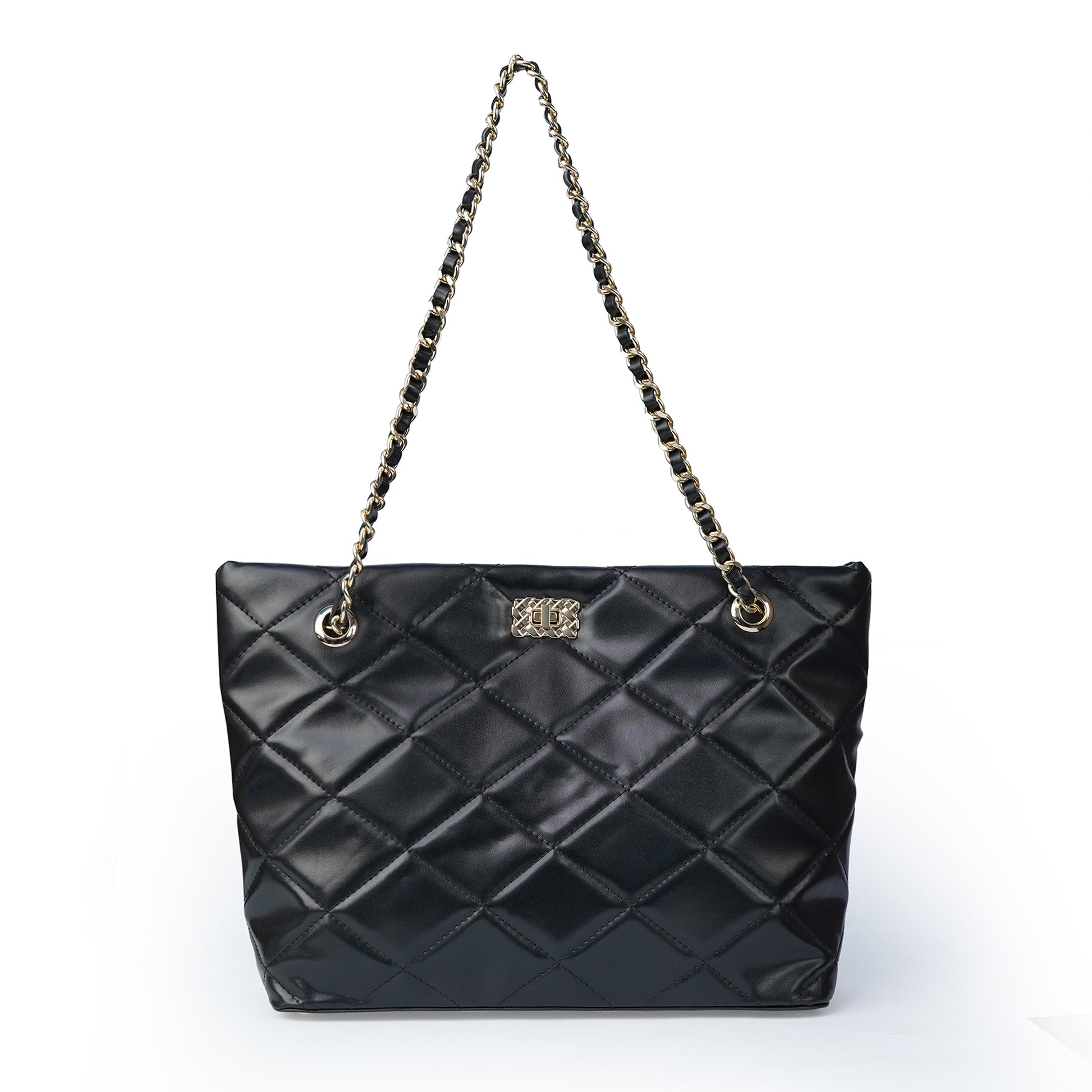 Black ladies chain shoulder bag with stitched design – front view