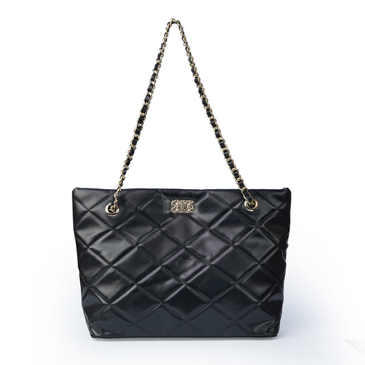 Black ladies chain shoulder bag with stitched design – front view
