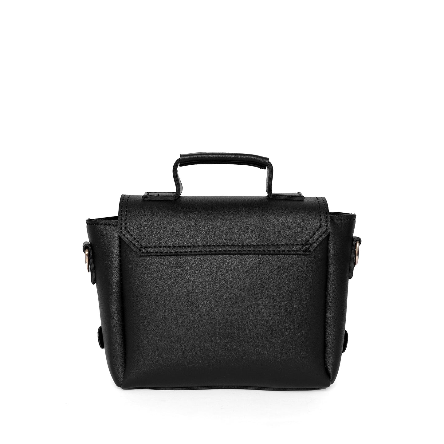 Black ladies satchel shoulder bag – back view on white