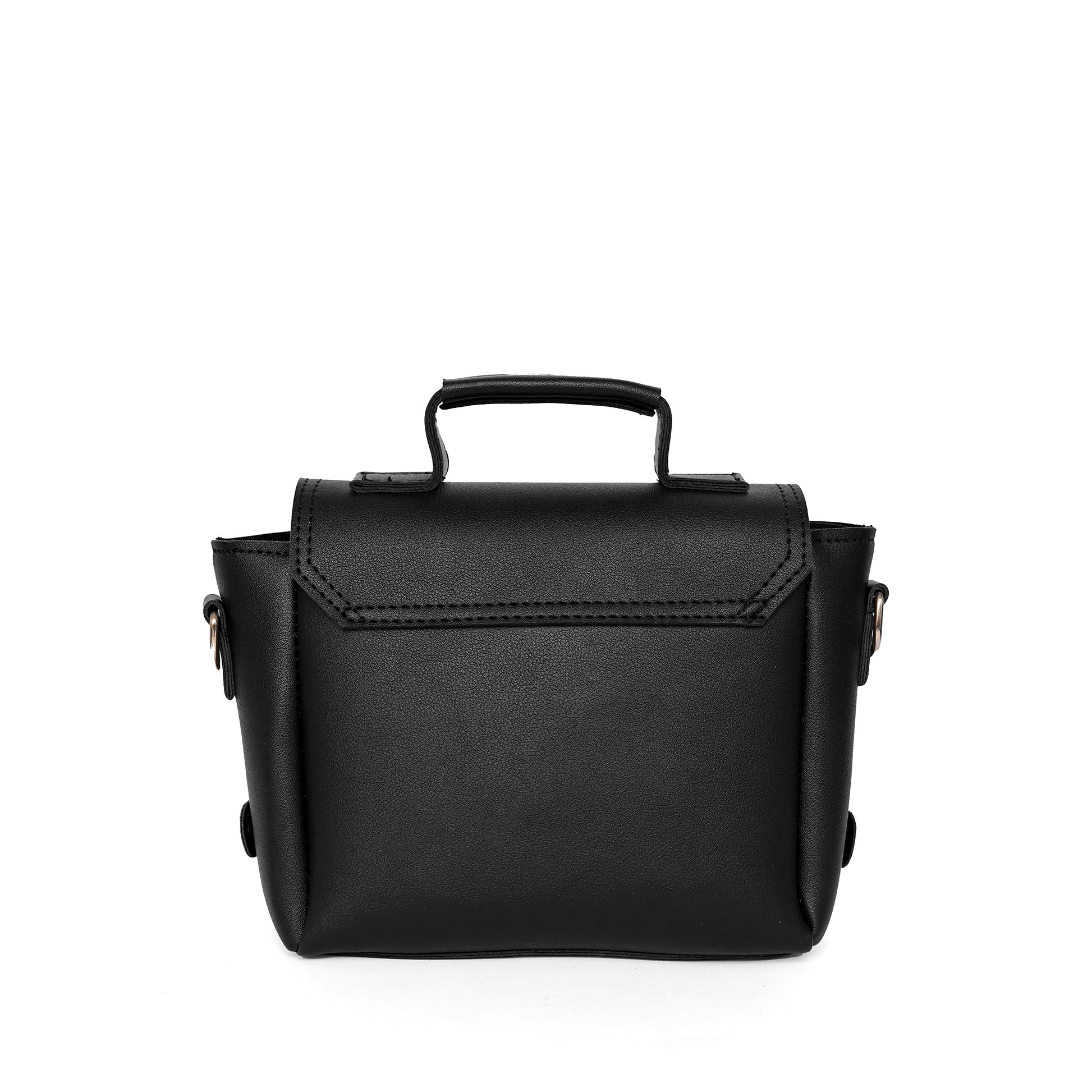 Black ladies satchel shoulder bag – back view on white
