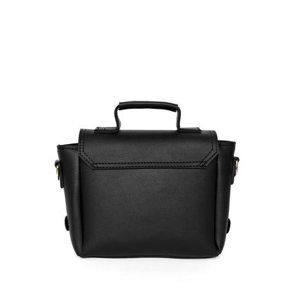 Black ladies satchel shoulder bag – back view on white