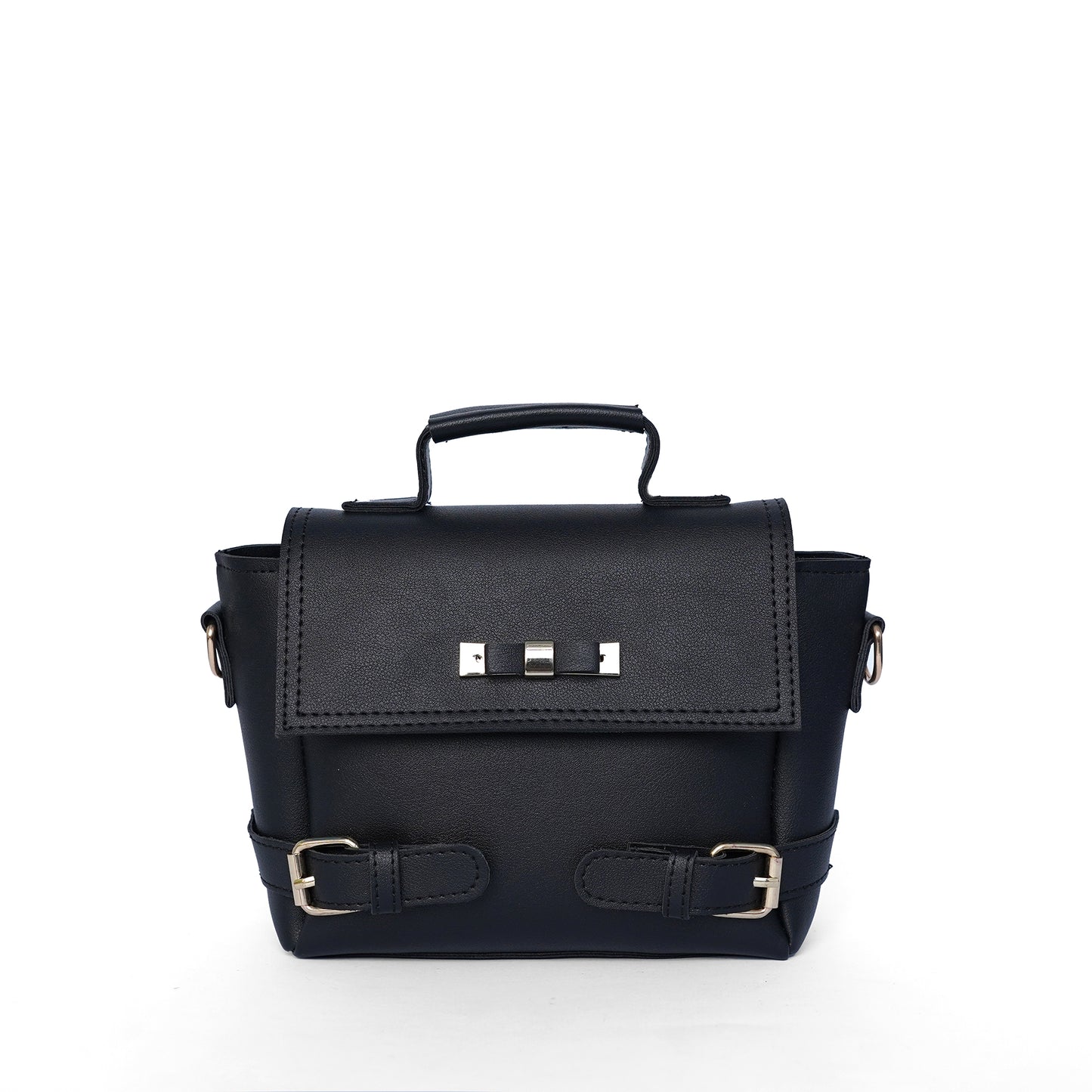 Black ladies satchel shoulder bag – front view on white