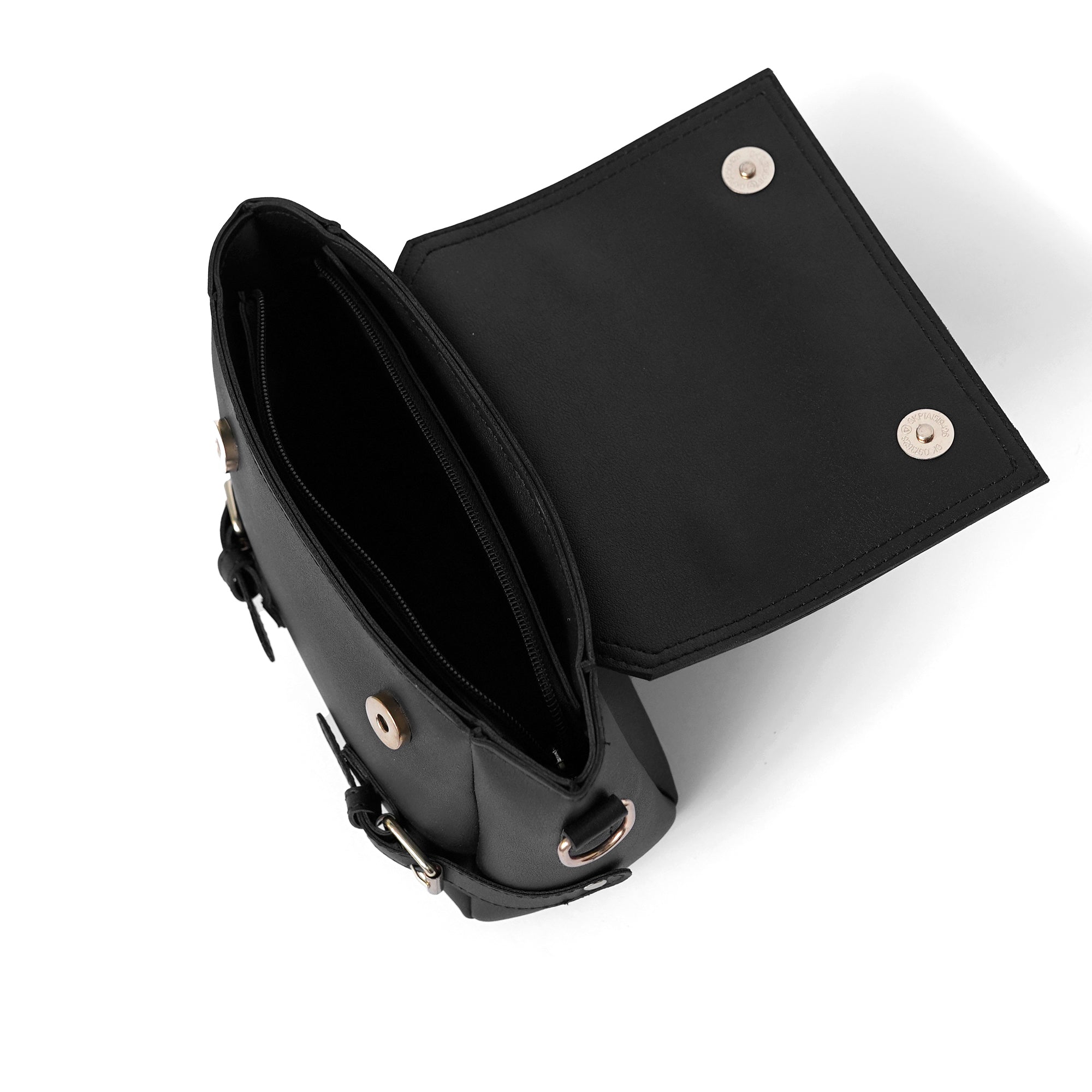 Black satchel bag – open flap showing interior pocket and compartment