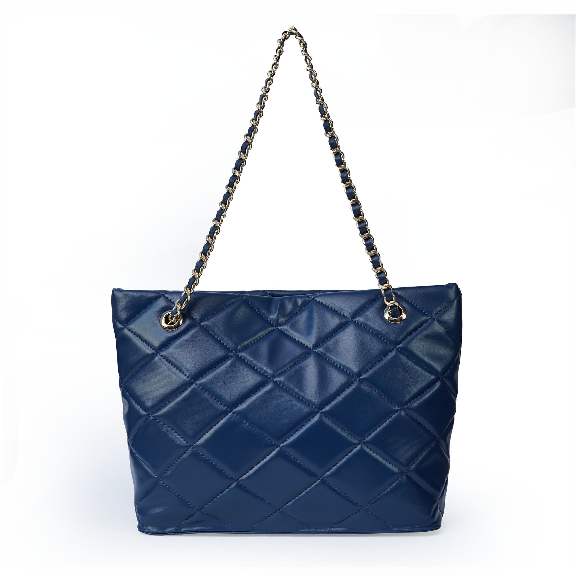 Blue ladies chain shoulder bag with stitched texture – BACK