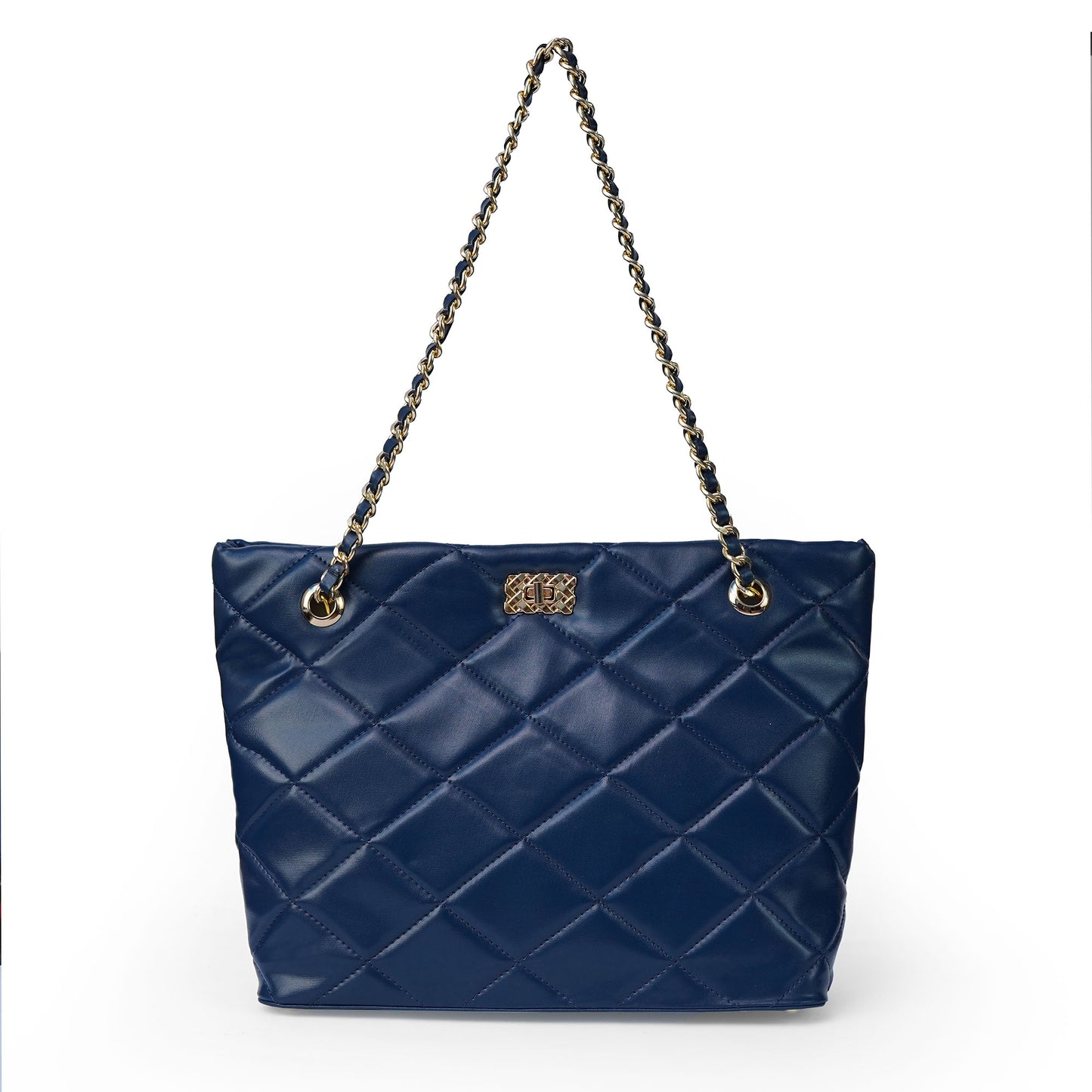 Blue ladies chain shoulder bag with stitched texture – front