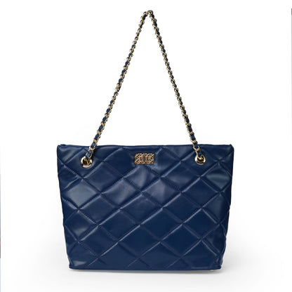 Blue ladies chain shoulder bag with stitched texture – front
