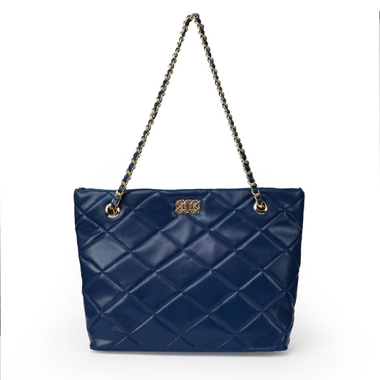 Blue ladies chain shoulder bag with stitched texture – front