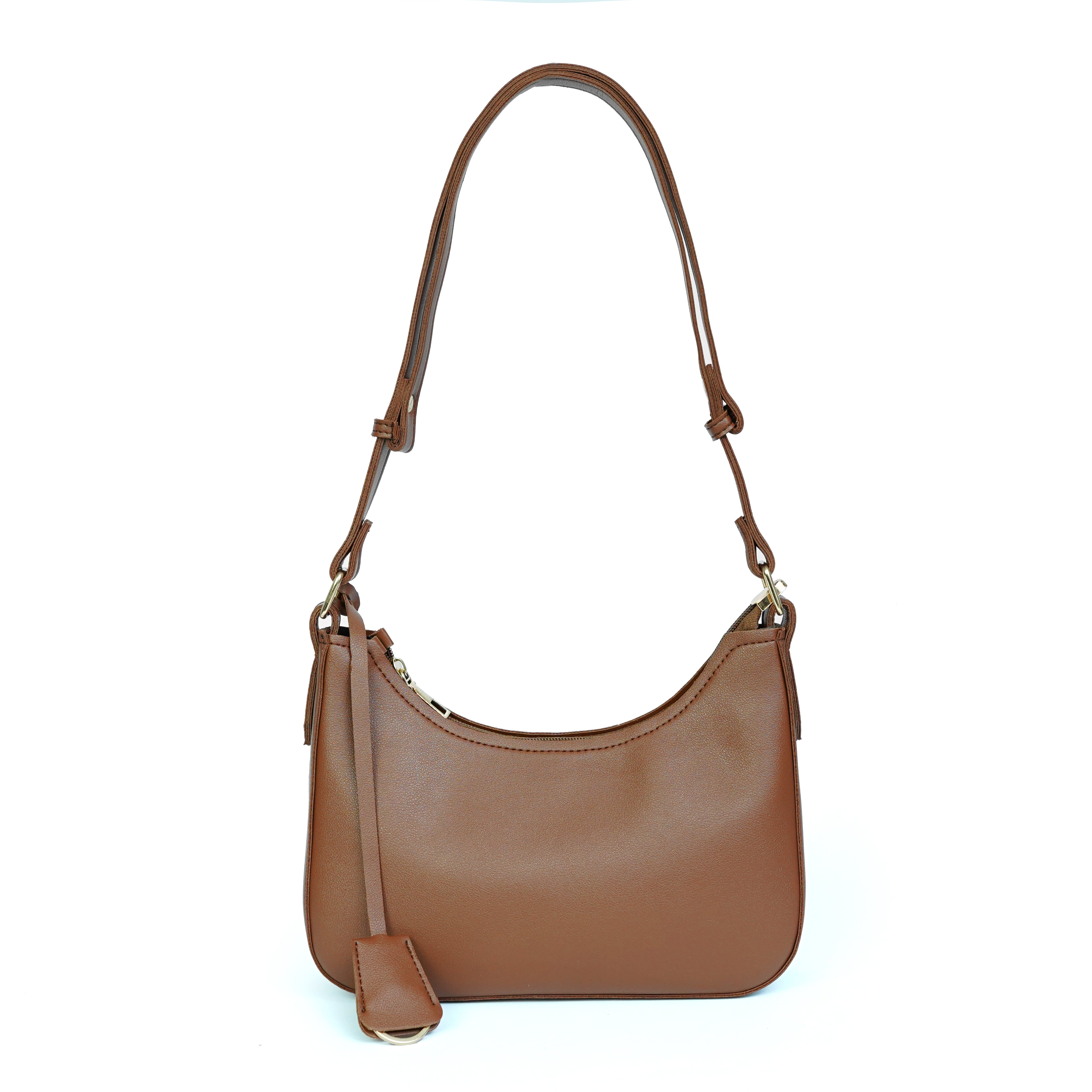 Brown faux leather shoulder bag with adjustable strap