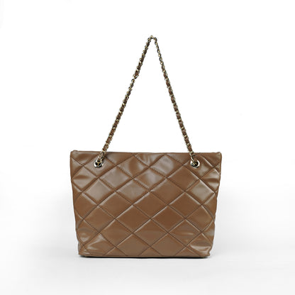 Brown ladies chain shoulder bag with stitched detail – BACK