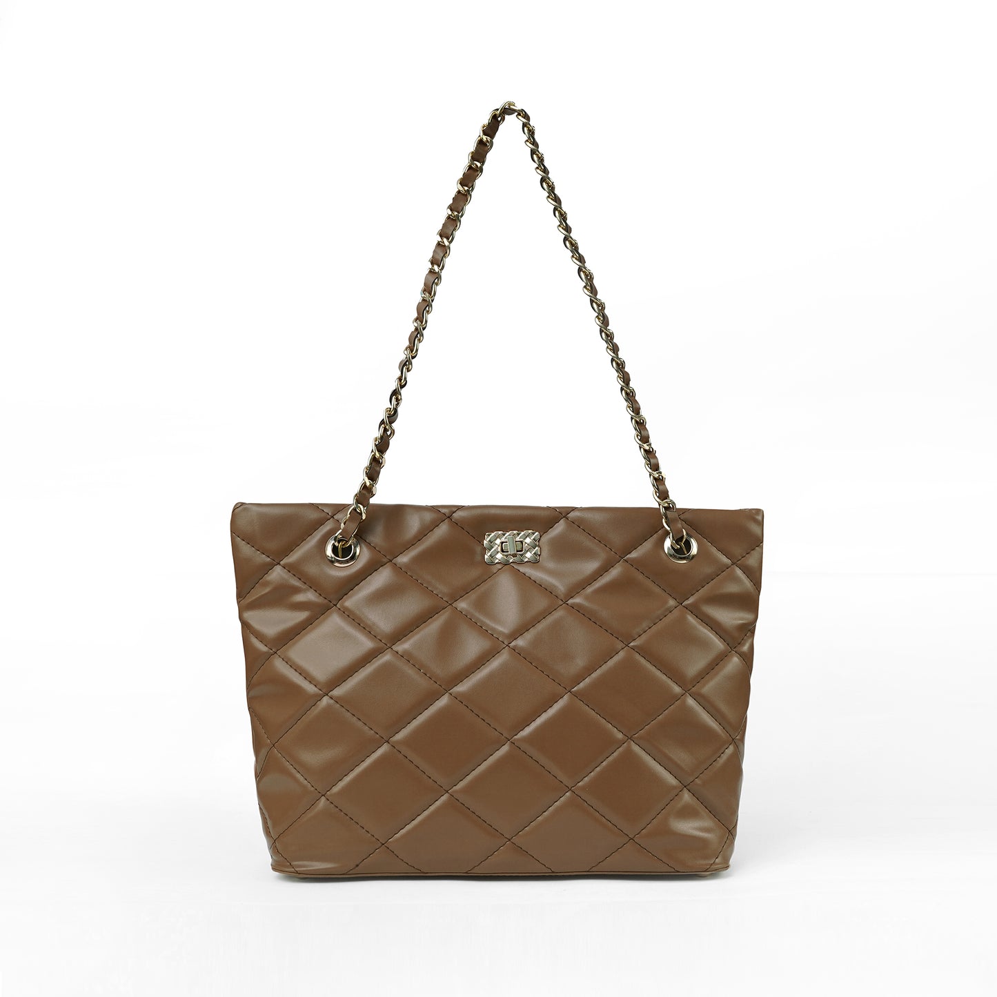 Brown ladies chain shoulder bag with stitched detail – front