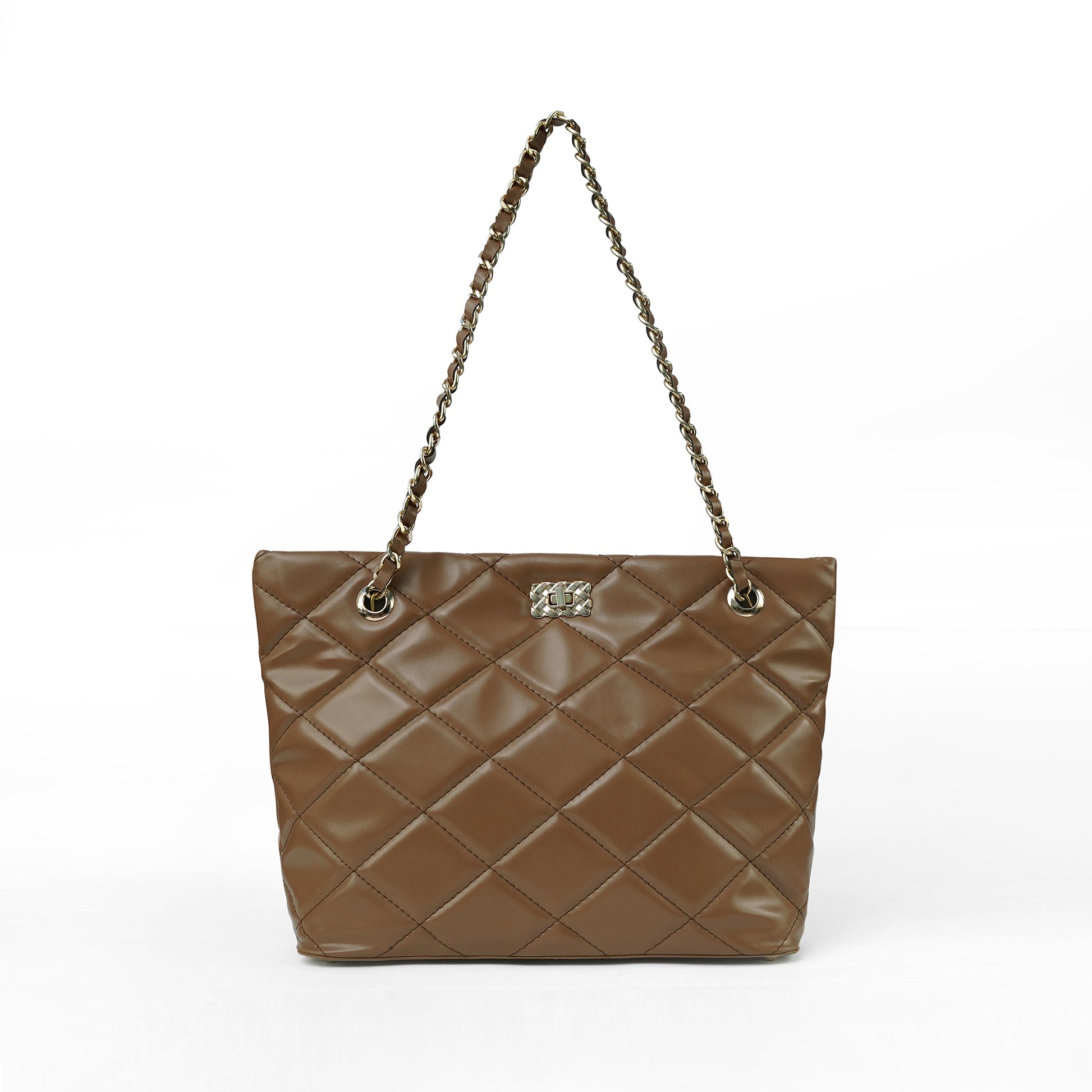 Brown ladies chain shoulder bag with stitched detail – front