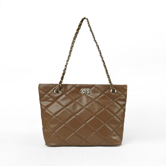 Brown ladies chain shoulder bag with stitched detail – front