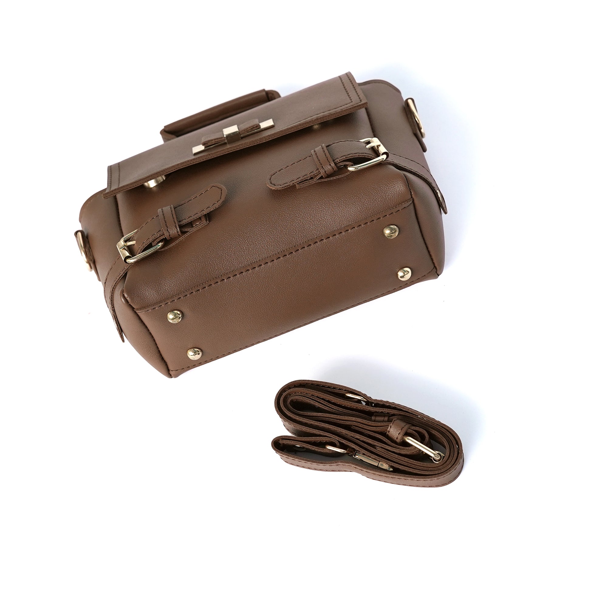 Brown ladies satchel – side view showing strap and hardware