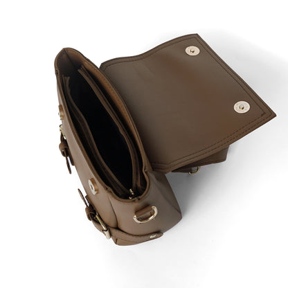 Brown satchel bag – open flap revealing interior compartments