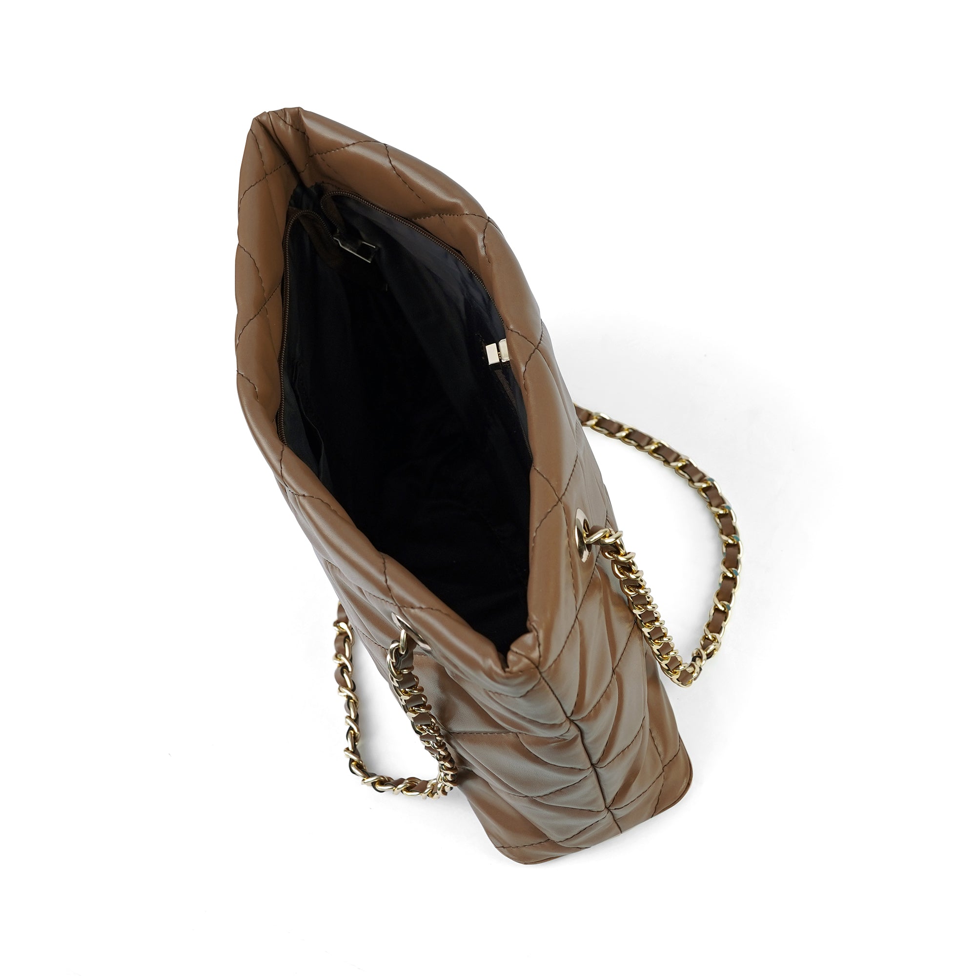 Brown women’s tote – top zipper and inner pocket view