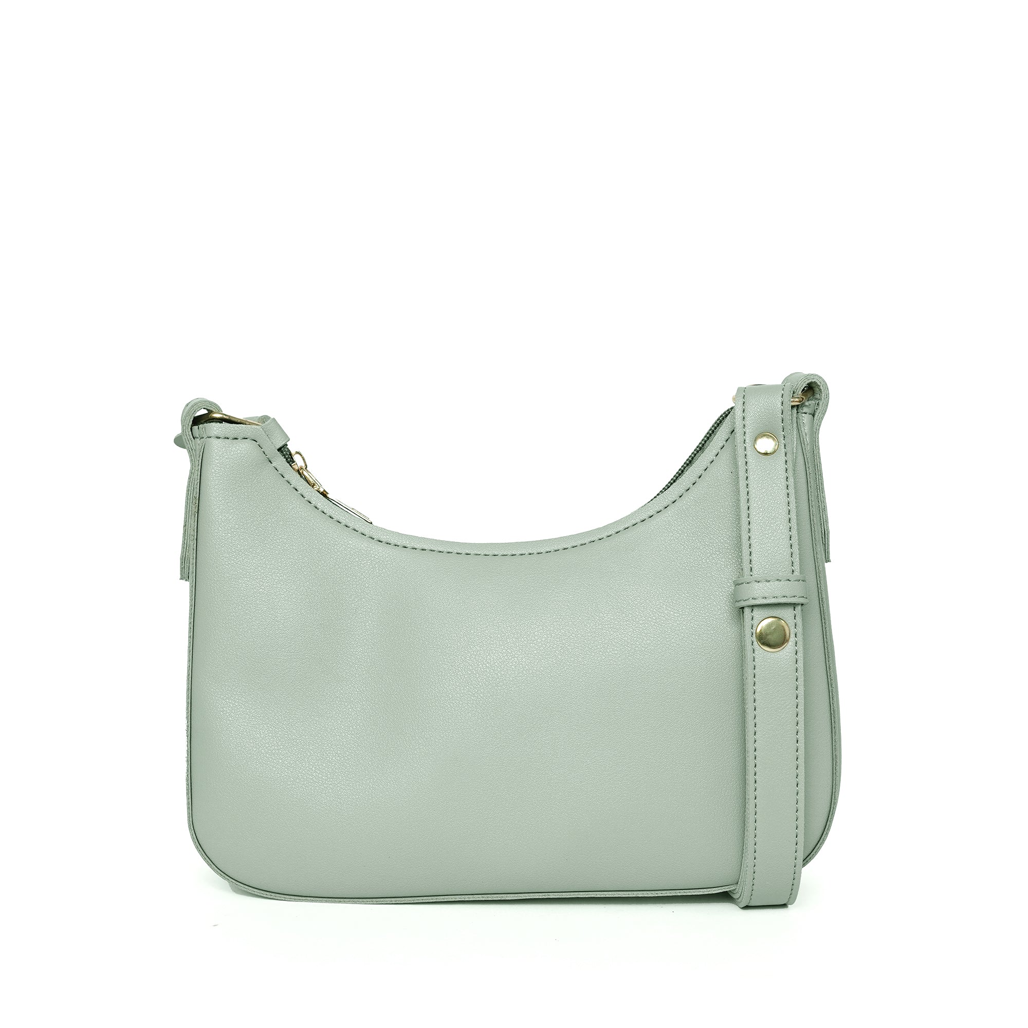 Close-up of grey shoulder bag with zipper and detailing