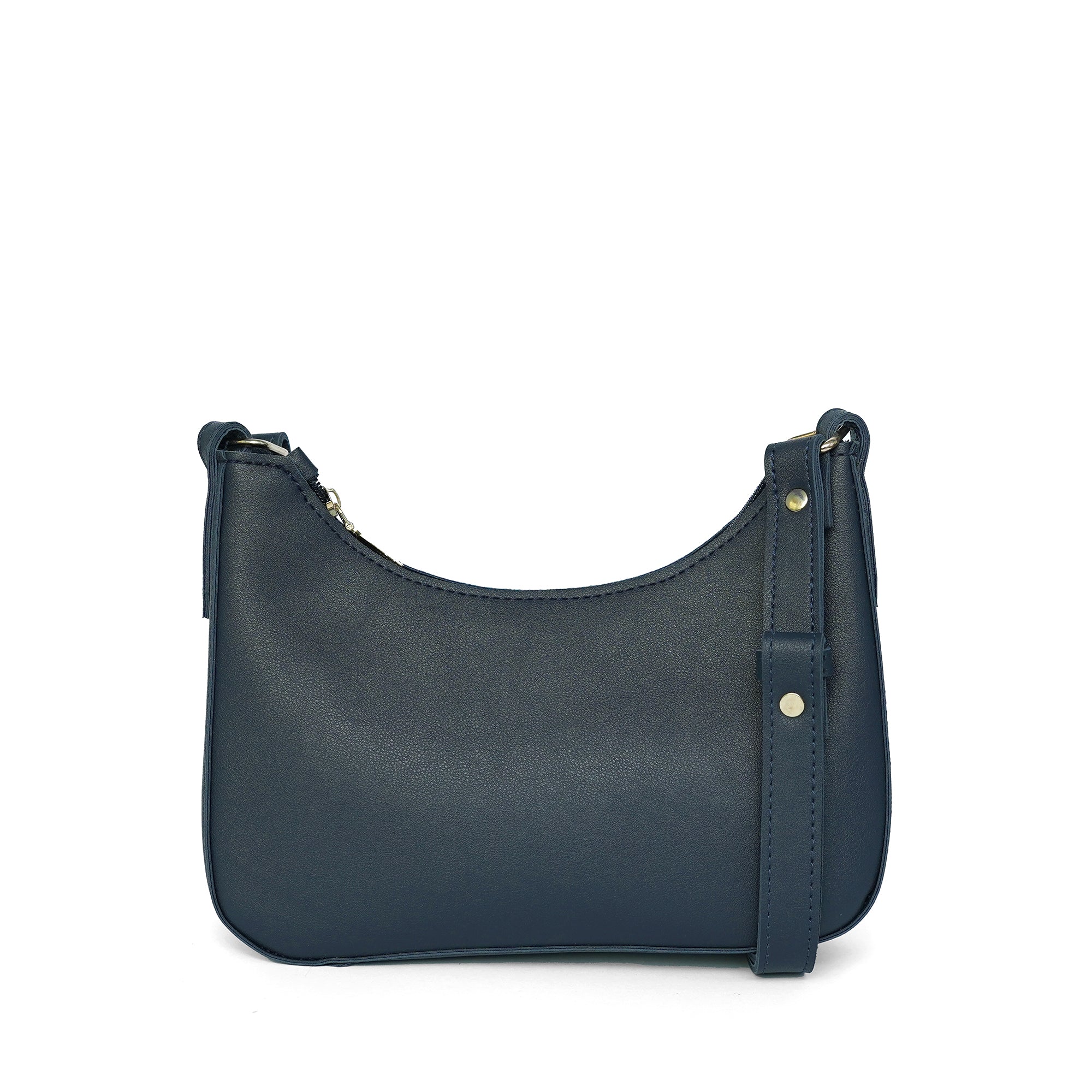 Close-up of zip closure on blue faux leather shoulder bag