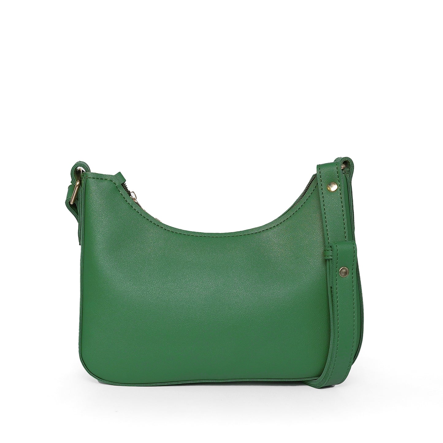 Close-up view of green shoulder bag strap and gold hardware