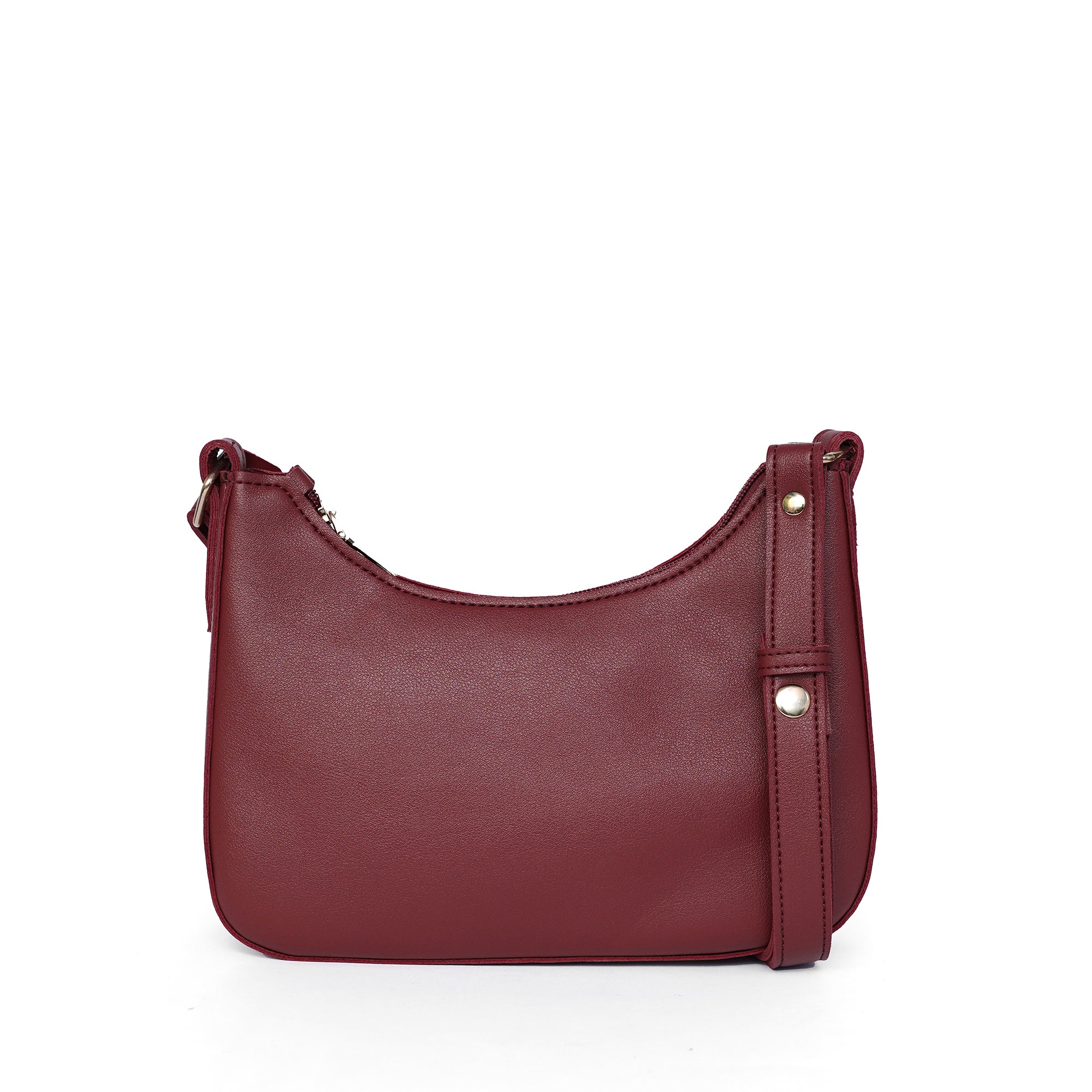 Close-up view of maroon shoulder bag strap and zip