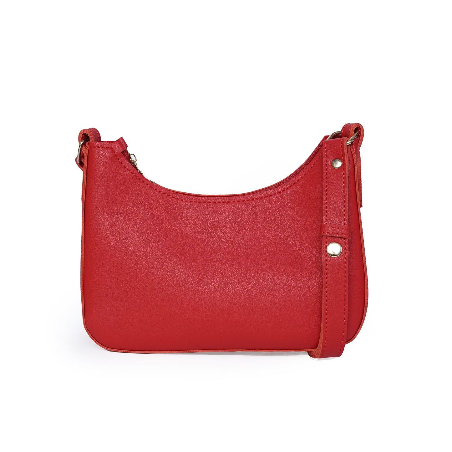 Close-up view of red shoulder bag with zipper
