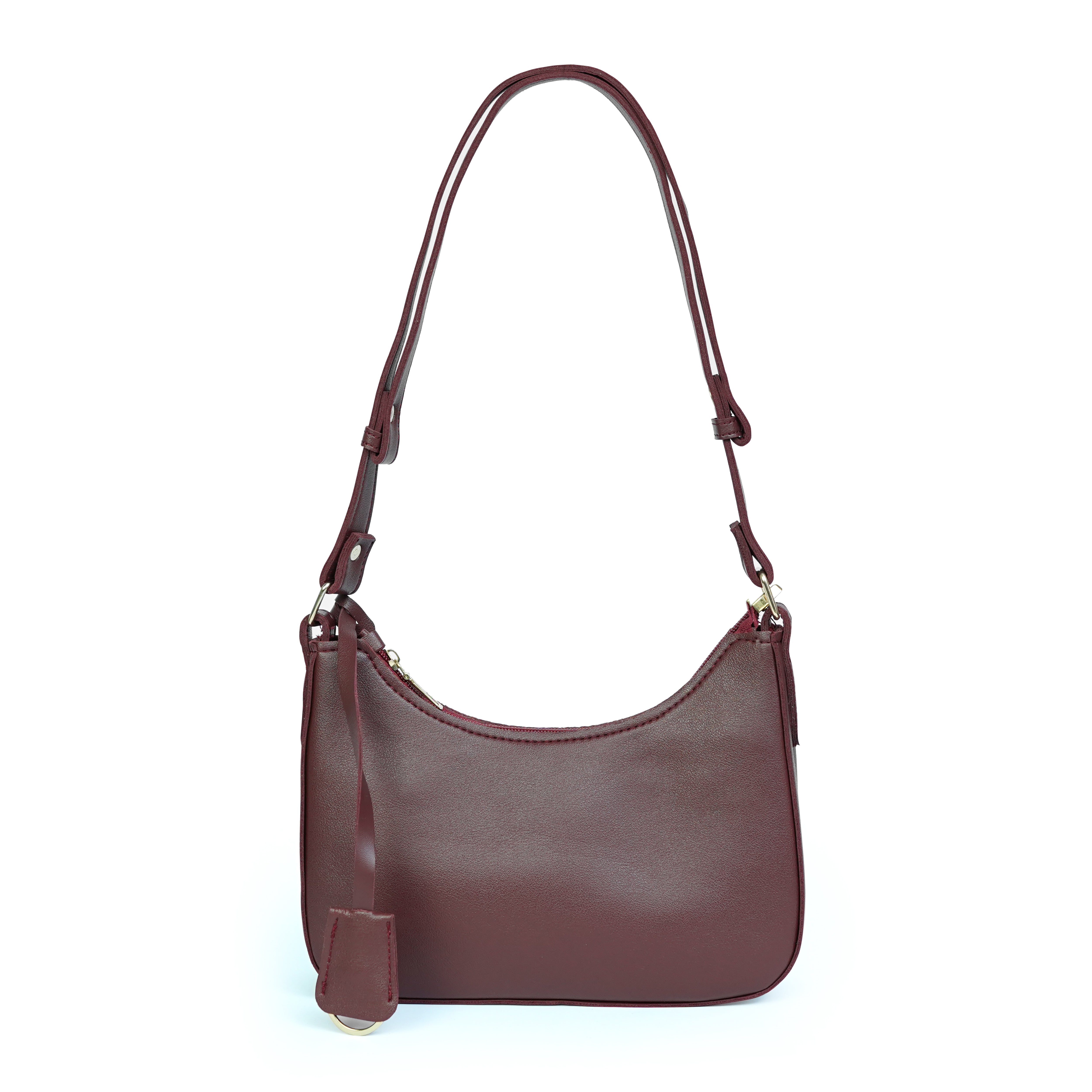 Coffee faux leather shoulder bag with adjustable strap