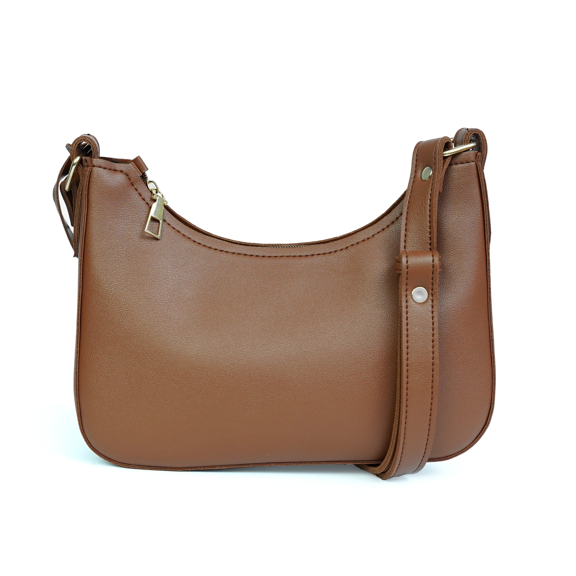Detailed close-up of brown shoulder bag and zipper
