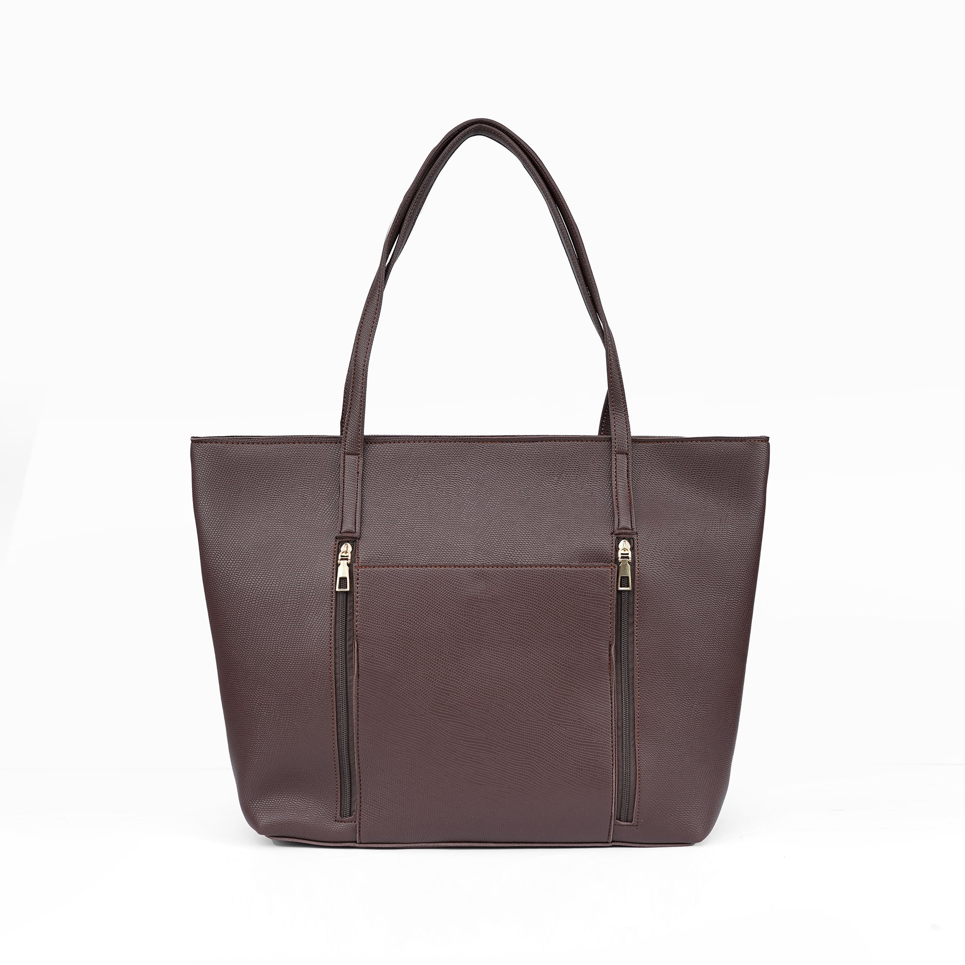 Front view of the Zara coffee brown tote bag, a sophisticated work-ready handbag for women in Pakistan